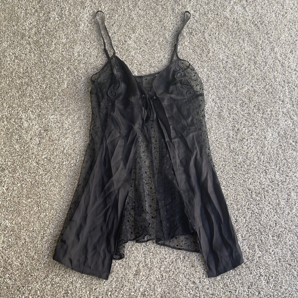 Vintage Victoria's Secret Babydoll Gown Womens Small Black Polka Dot Sleepwear